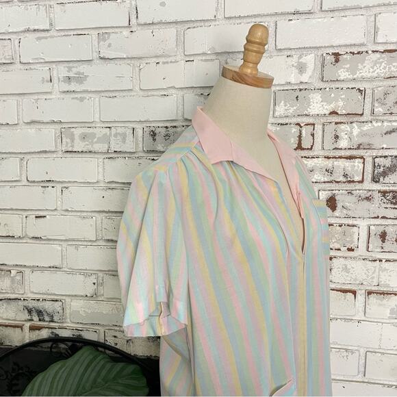 Vintage 70s 80s Nancy Frock Pastel Multi Color Stripe Short Sleeve Sleep Gown - Picture 6 of 9
